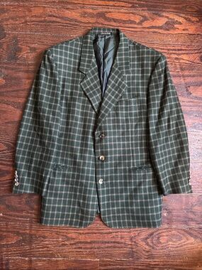 Vintage 70s Cashmere and Wool Green & Cream Windowpane Plaid Sport Coat 42R